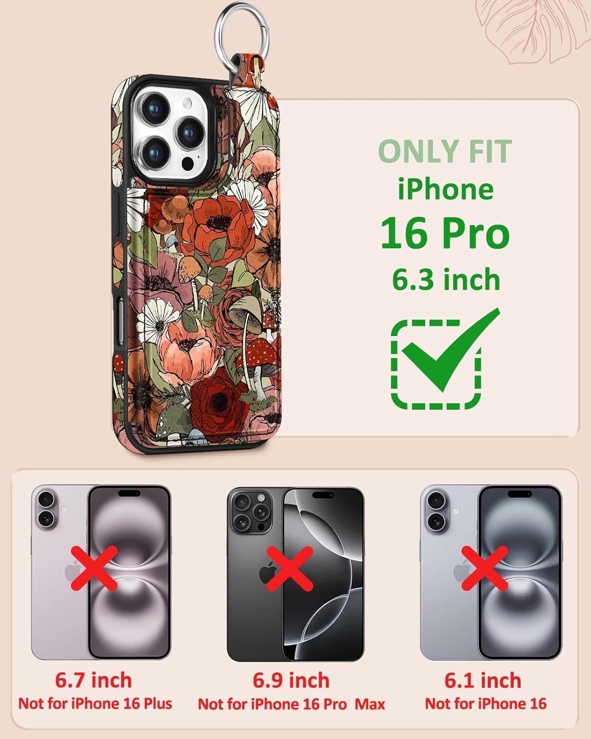 Compatible with iPhone 16 Pro Wallet Case with Card Holder - Cute Fashion Flower Mushroom Design Kickstand for Magnetic Clasp Back Flip Folio Leather Phone Covers for Women Men Girls